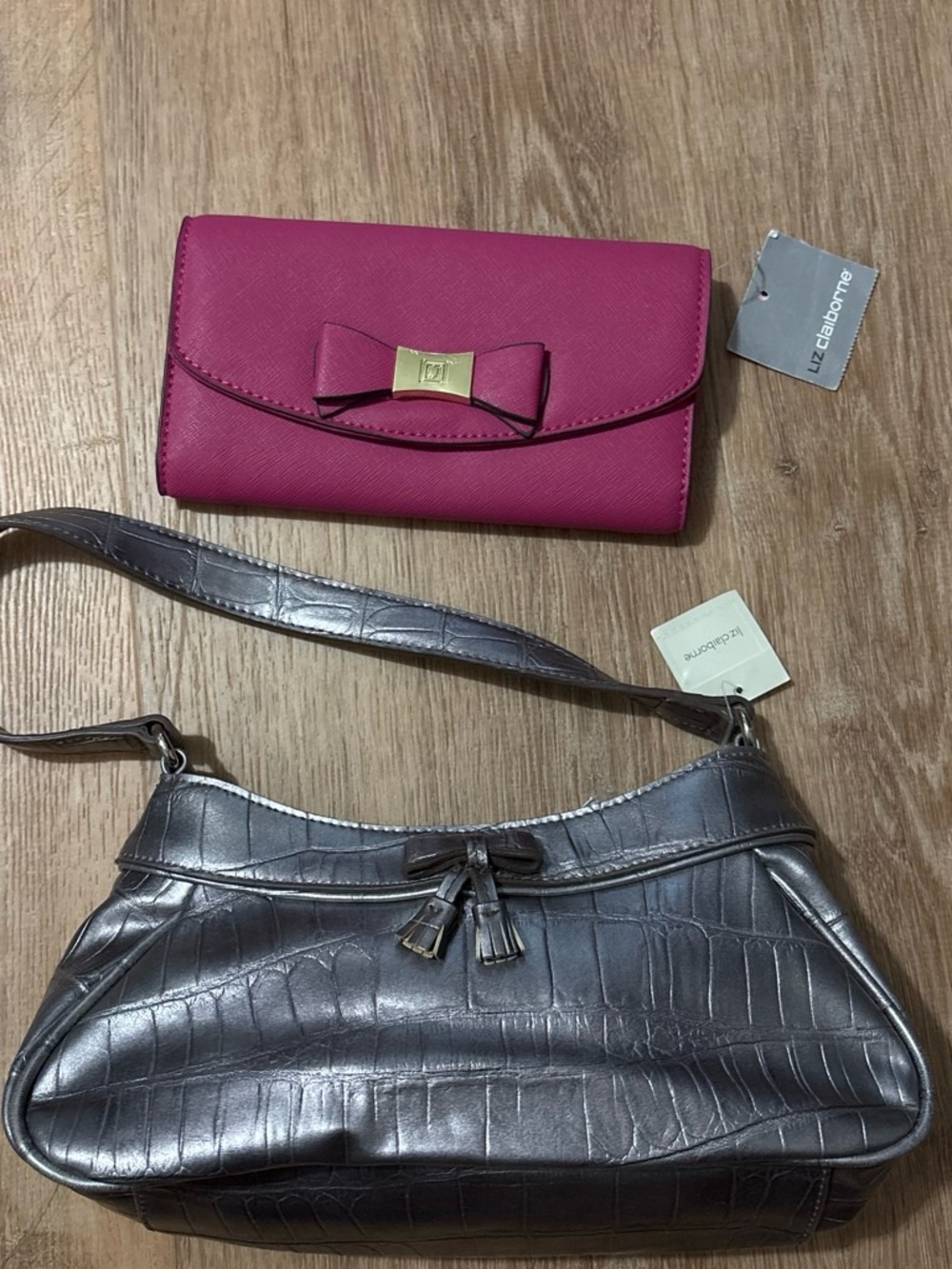 Y2K NWT Liz Claiborne Hot Pink Bow Wallet with Metallic Silver Shoulder Bag